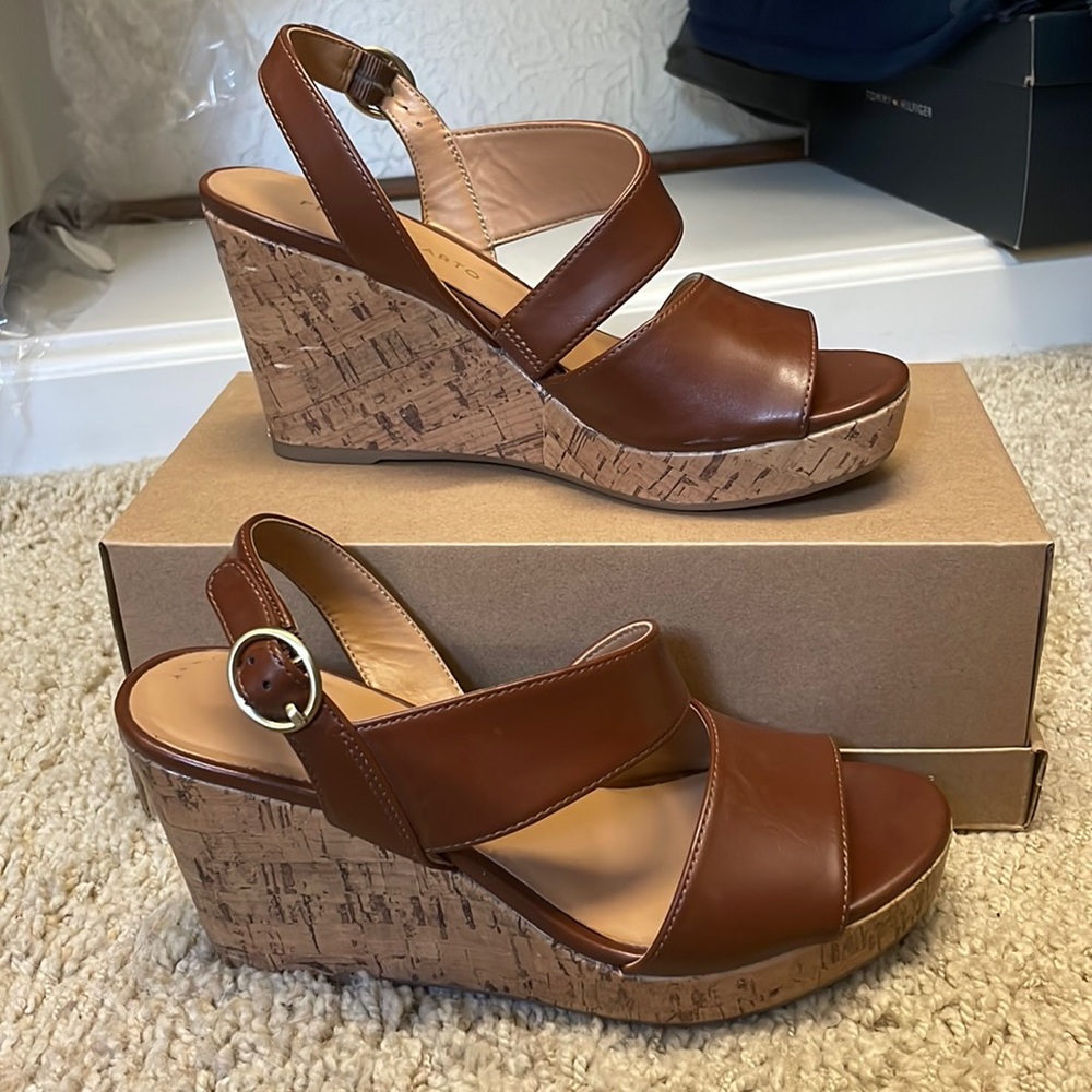 Leather platform cork wedge
